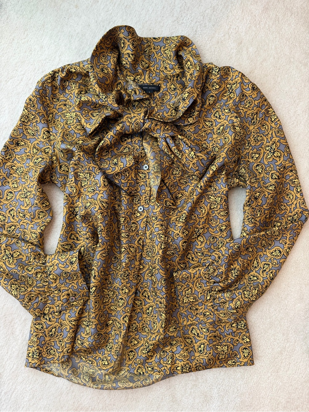 Marc Jacobs 100% Silk Mustard and Black Paisley Tie-Neck Button-Down Blouse